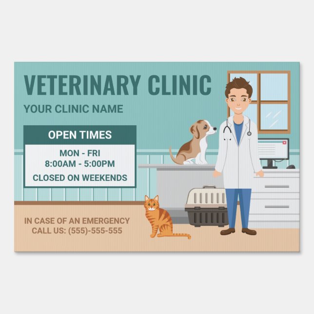 Veterinarian Medical Vet Clinic Service Open Times Sign (Front)
