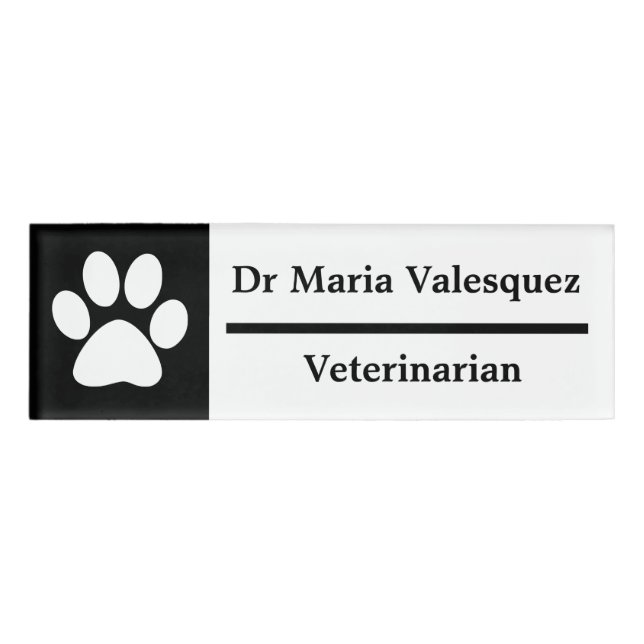 Veterinarian Name Tag Black  Paw print (Front)