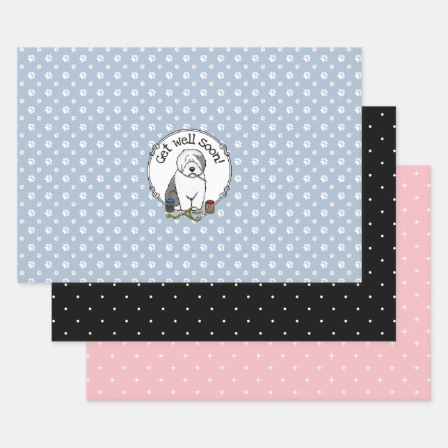 Veterinarian Old English Sheepdog Cute Get Well Wrapping Paper Sheets (Set)