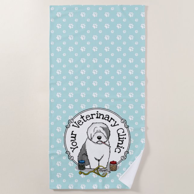 Veterinarian Old English Sheepdog Gray 1 Cute Vet Beach Towel (Front)