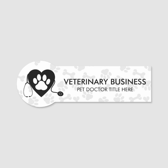 Veterinarian Paw Heart Stethescope Pet Black Name Tag (Front)