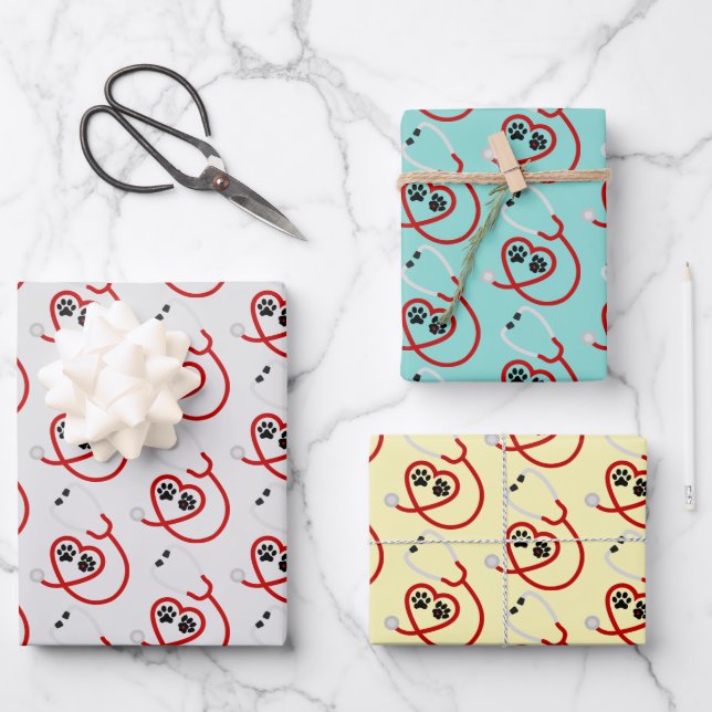 Veterinarian Pawprints & Stethoscope Wrapping Paper Sheets (Front)