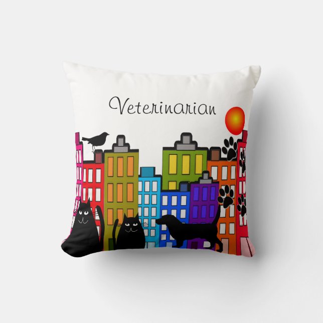 Veterinarian Pillow Whimsical Animal Art (Front)