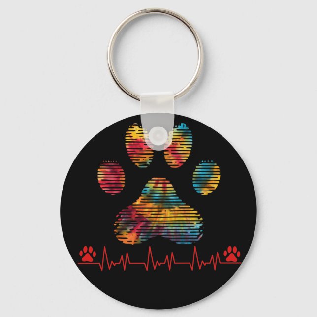 Veterinarian Rainbow Paw Print Heartbeat Vet Tech Keychain (Front)