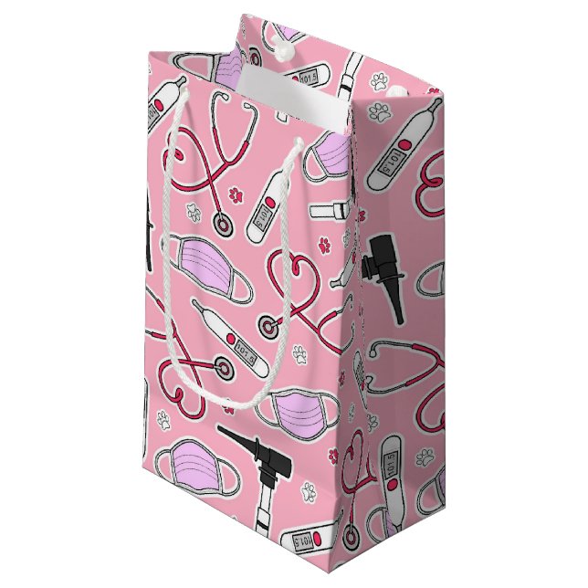 Veterinarian / Veterinary Technician Pattern Pink Small Gift Bag (Front Angled)
