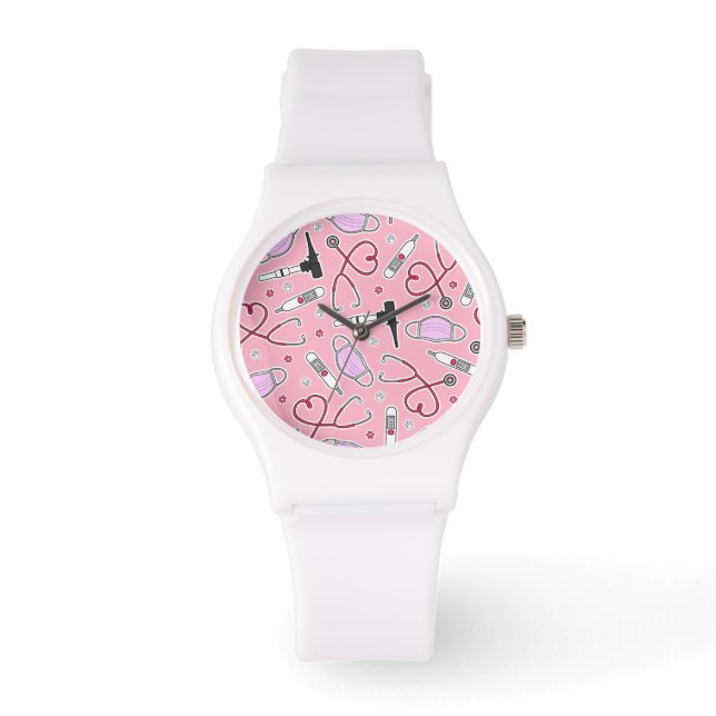 Veterinarian Veterinary Technician Pattern Pink Watch (Front)