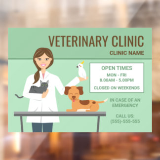 Veterinarian Woman & Animals - Clinic Open Times Window Cling