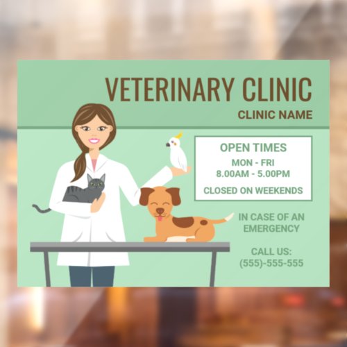 Veterinarian Woman  Animals _ Clinic Open Times Window Cling