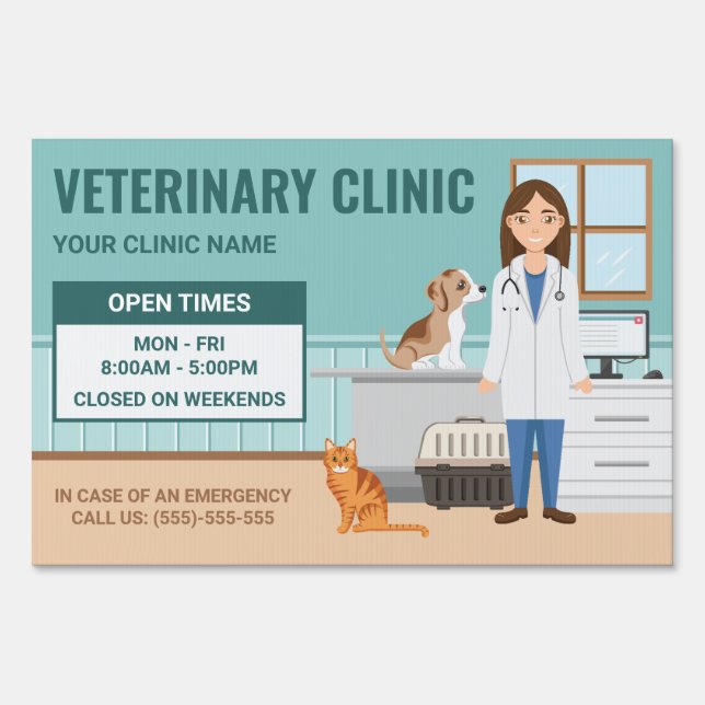 Veterinarian Woman Vet Clinic Services Open Times Sign (Front)