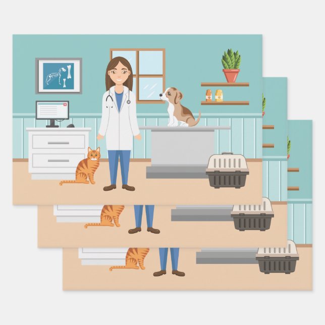 Veterinarian Woman Vet Girl Animal Doctor Blue Wrapping Paper Sheets (Set)