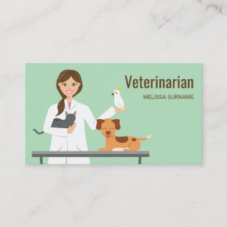 Veterinarian Woman With Animals Illustration Business Card