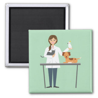 Veterinarian Woman With Animals Illustration Magnet