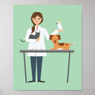 Veterinarian Woman With Animals Illustration Poster