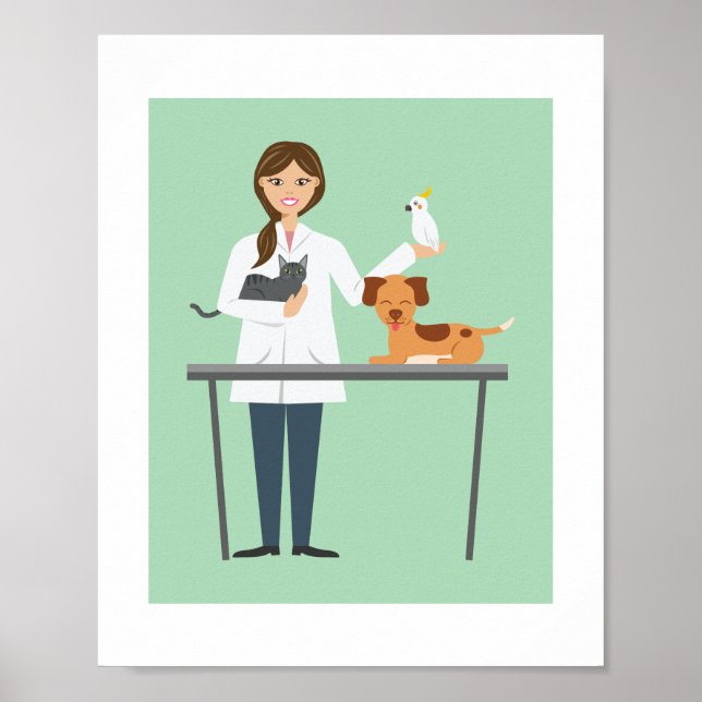 Veterinarian Woman With Animals Illustration Poster (Front)