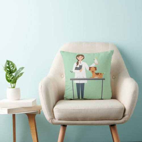 Veterinarian Woman With Animals On Green Throw Pillow