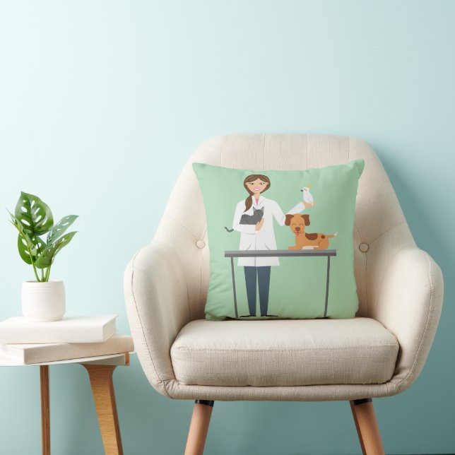 Veterinarian Woman With Animals On Green Throw Pillow (Chair)