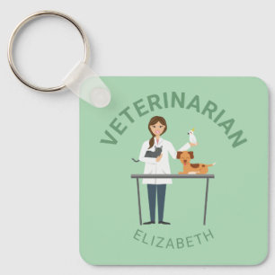Veterinarian Woman With Animals & Your Own Name Keychain