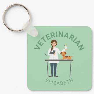 Veterinarian Woman With Animals &amp; Your Own Name Keychain