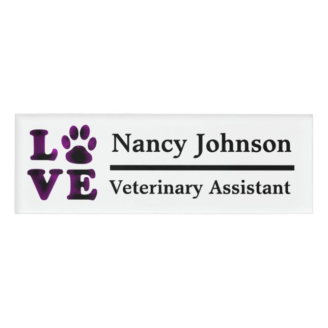 Veterinary Assistant Name Tag Purple Pawprints (Front)