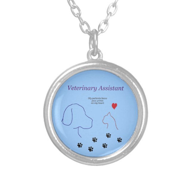 Veterinary Assistant-Paw Prints on My Heart Silver Plated Necklace (Front)