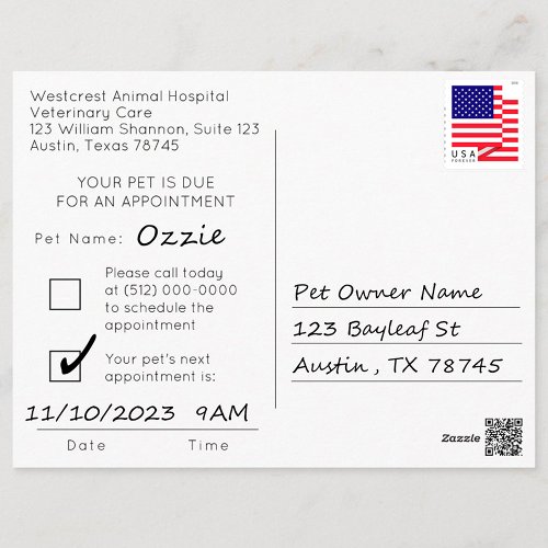 Veterinary Care Pet Appointment Postcard
