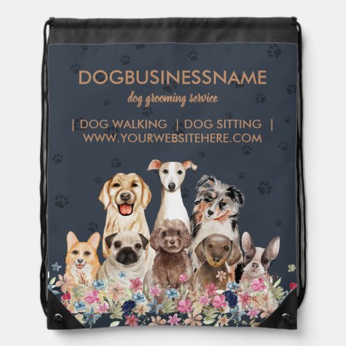 Veterinary dogs at the flower navy background drawstring bag