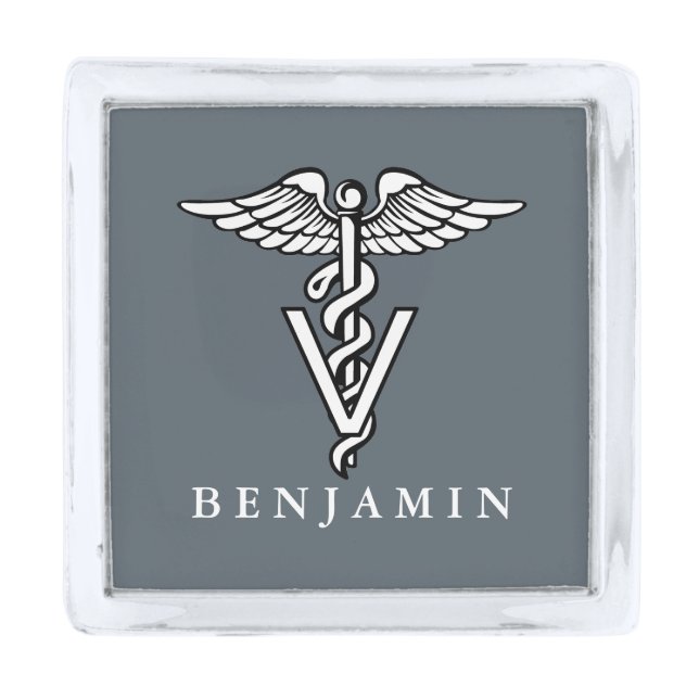 Veterinary Medicine Caduceus Symbol Custom Name Silver Finish Lapel Pin (Front)