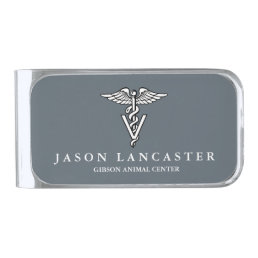 Veterinary Medicine Caduceus Symbol Custom Text Silver Finish Money Clip