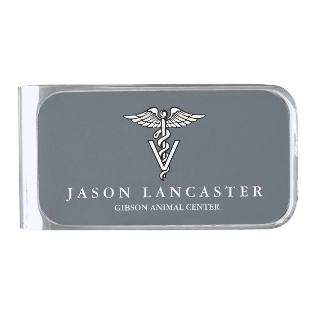 Veterinary Medicine Caduceus Symbol Custom Text Silver Finish Money Clip (Front)