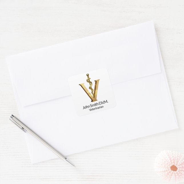 Veterinary Medicine Elegant Gold V Asclepius Vet Square Sticker (Envelope)