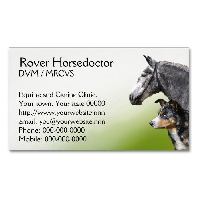 Veterinary practice horses and dogs business card magnet (Front)