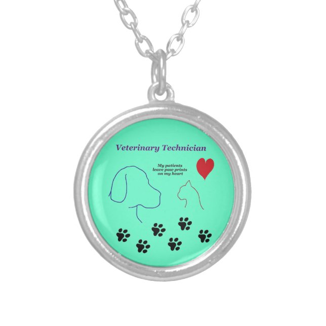 Veterinary Technician - Paw Prints on My Heart Silver Plated Necklace (Front)