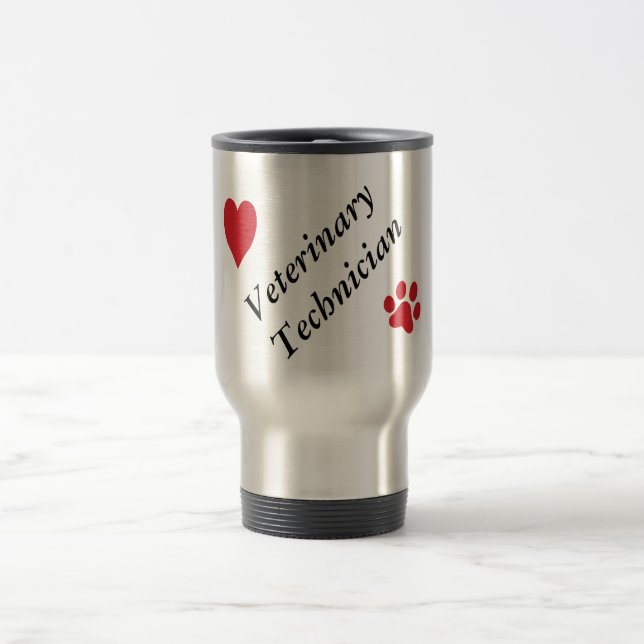 Veterinary Technician-Red Paw Print and Heart Travel Mug (Center)