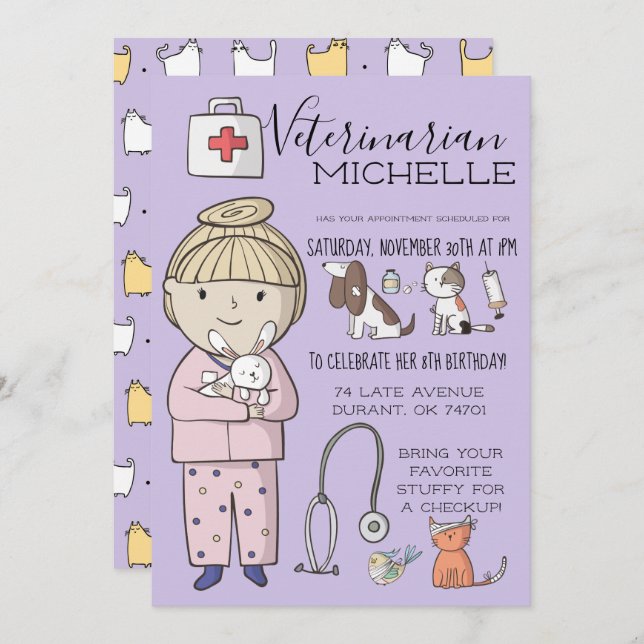 Veterinary Themed Kids Party Invitation (Front/Back)