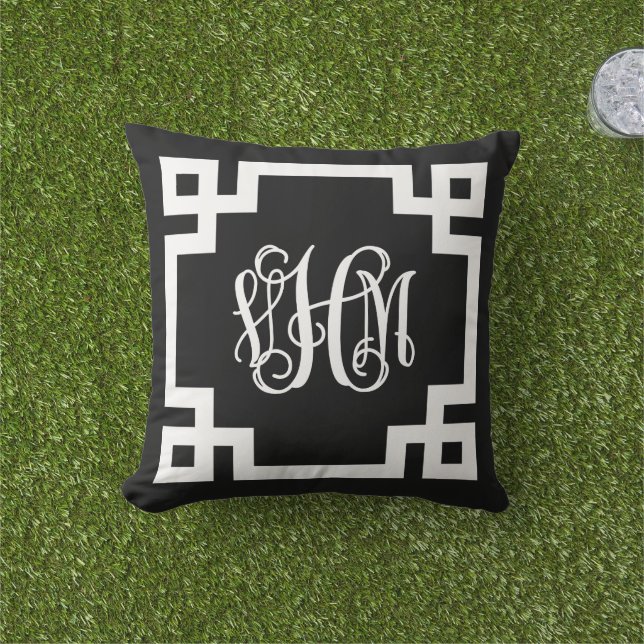 VHM Black and White Greek Key Script Monogram Outdoor Pillow (Grass)