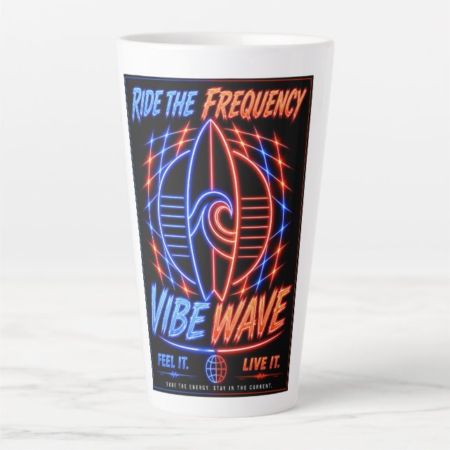 Vibe Wave Neon Surf Poster – Retro Synthwave Aesth Latte Mug (Front)