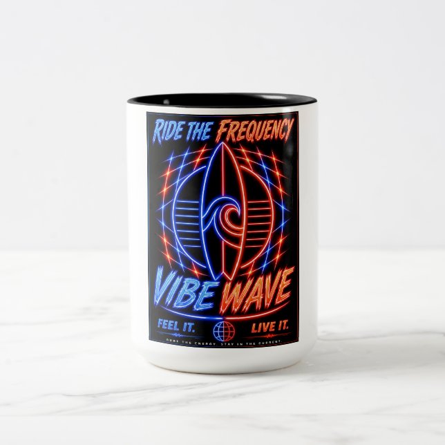 Vibe Wave Neon Surf Poster – Retro Synthwave Aesth Two-Tone Coffee Mug (Center)