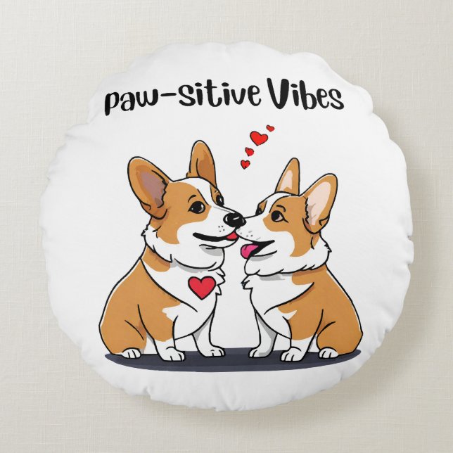  Vibes Corgis in Love Round Pillow (Front)