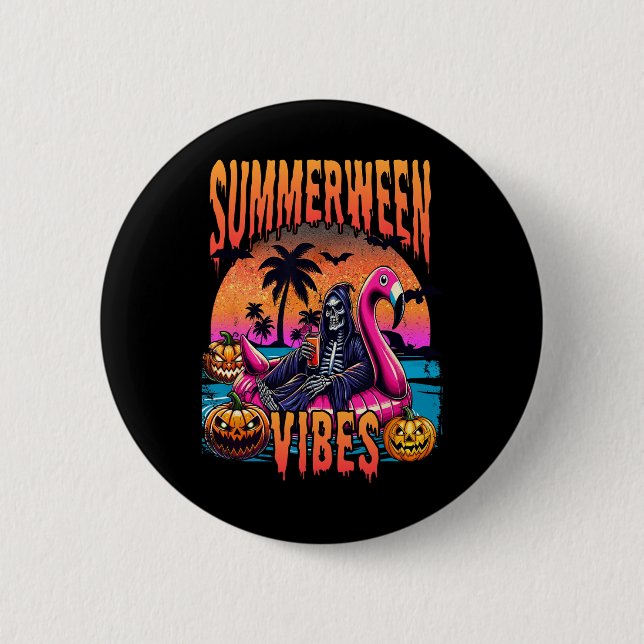 Vibes Halloween Summer Vacation Skeleton Float  Button (Front)