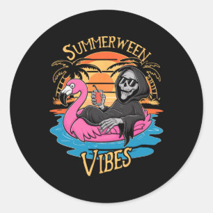 Vibes Skeleton Flamingo Spooky Halloween Summer Classic Round Sticker