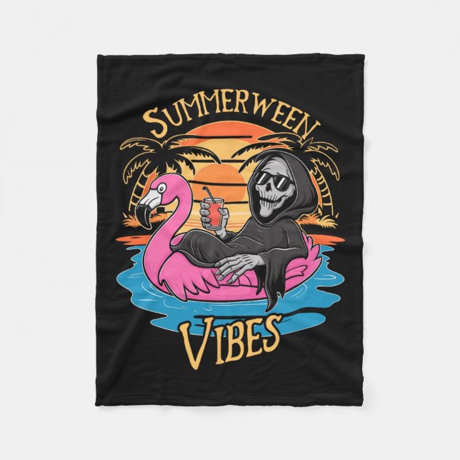 Vibes Skeleton Flamingo Spooky Halloween Summer  Fleece Blanket (Front)