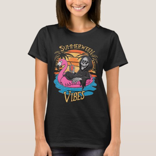 Vibes Skeleton Flamingo Spooky Halloween Summer  T_Shirt