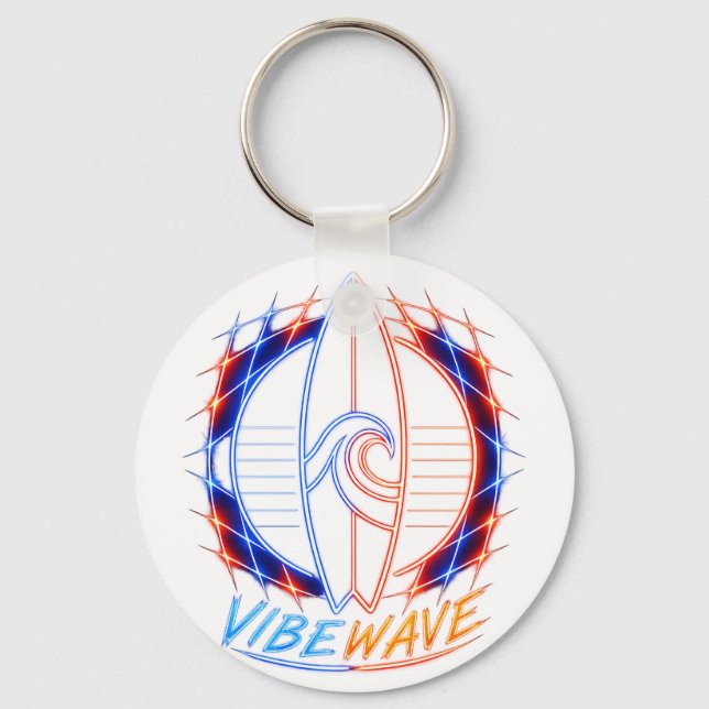 Vibewave Neon Surfboard Design – Retro Wave Glow A Keychain (Front)