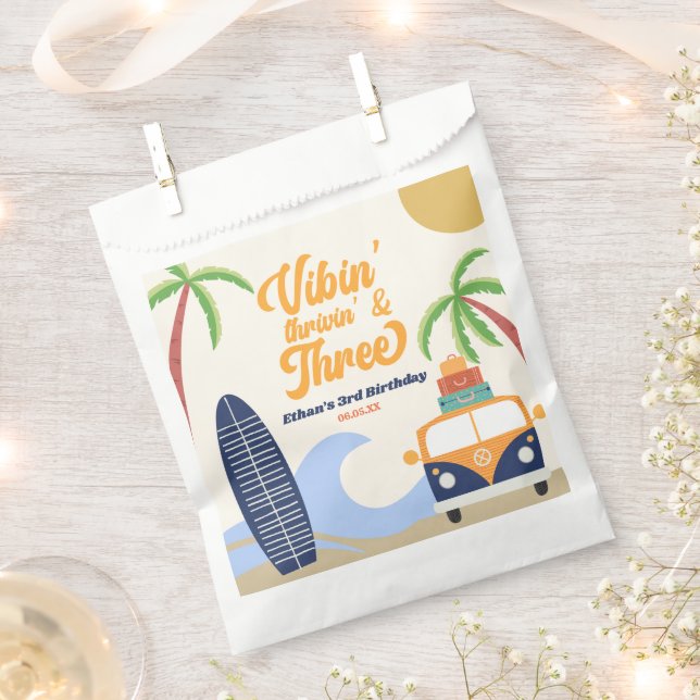 Vibin' & Three Surf Blue 3rd Birthday Party Favor Bag (Clipped)