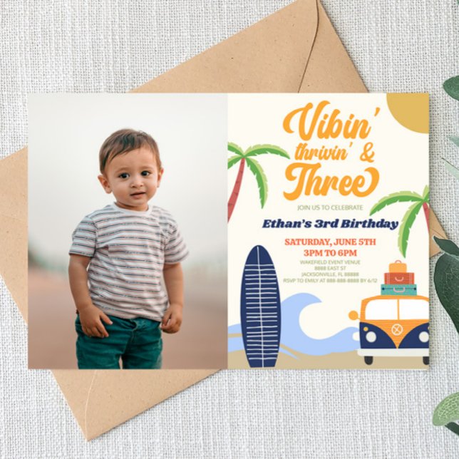 Vibin' & Three Surf Blue 3rd Birthday Party Invitation (Creator Uploaded)