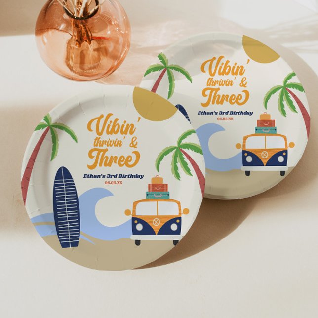 Vibin' & Three Surf Board Blue 3rd Birthday Party Paper Plates (Creator Uploaded)
