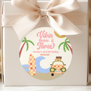 Vibin' & Three Surf Board Pink 3rd Birthday Party Classic Round Sticker