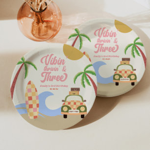 Vibin' & Three Surf Board Pink 3rd Birthday Party Paper Plates