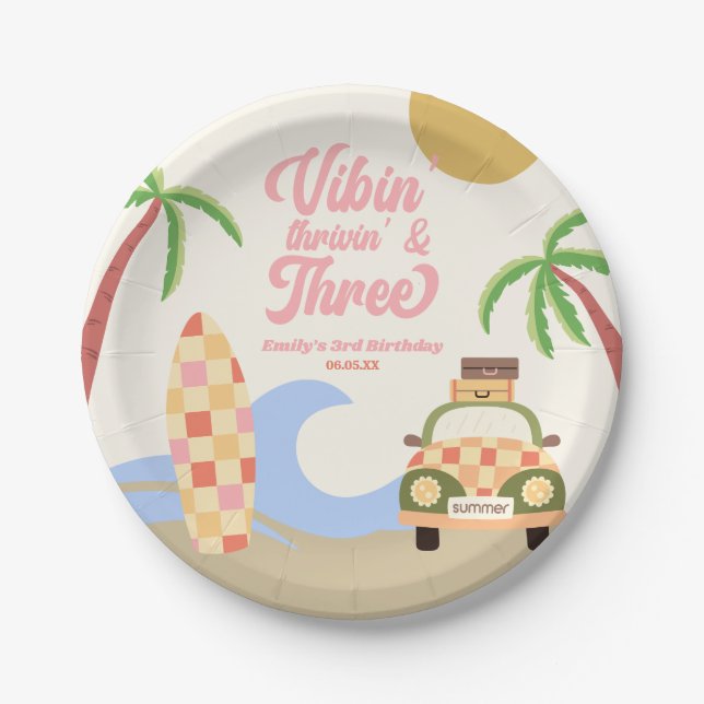 Vibin' & Three Surf Board Pink 3rd Birthday Party Paper Plates (Front)