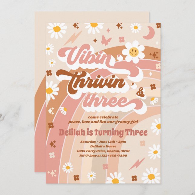 Vibin' Thrivin' And Three Groovy 3rd Birthday Invitation (Front/Back)
